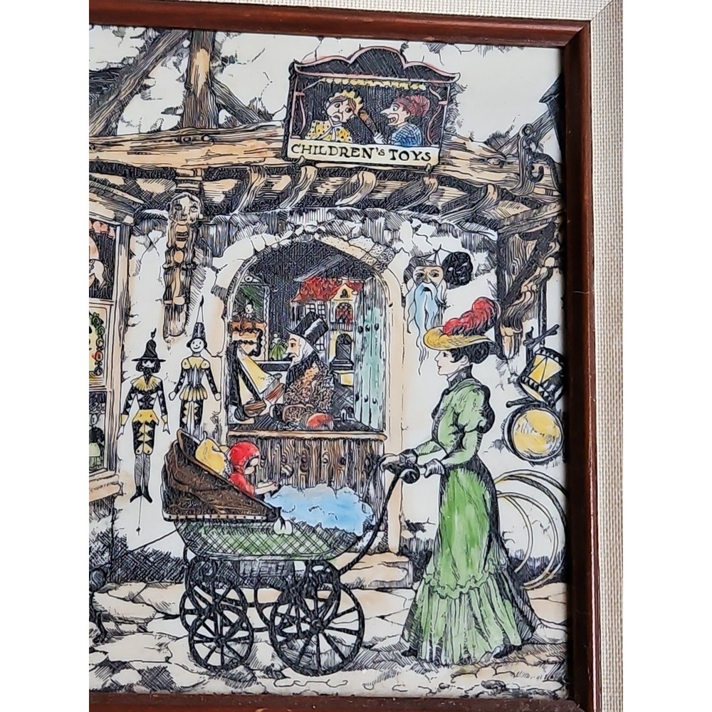 Vintage Toy Shop Etched Print Kids Children Victorian Detailed Wide Frams 17x15